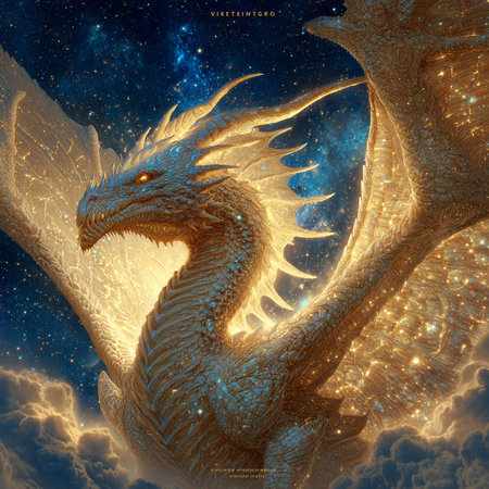 3D rendering of a fantasy dragon in outer space with stars.の素材
