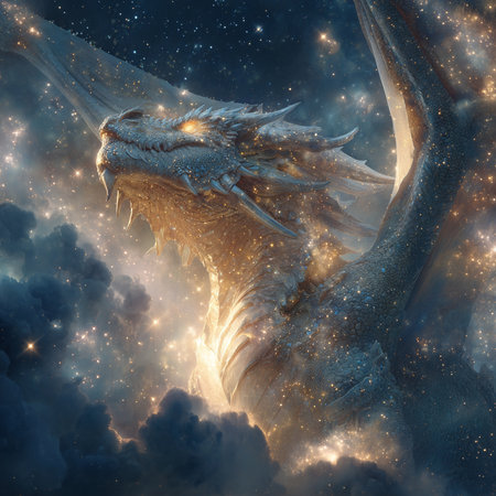Fantasy dragon in the night sky. 3D illustrations. Elements of this image furnished by NASAの素材