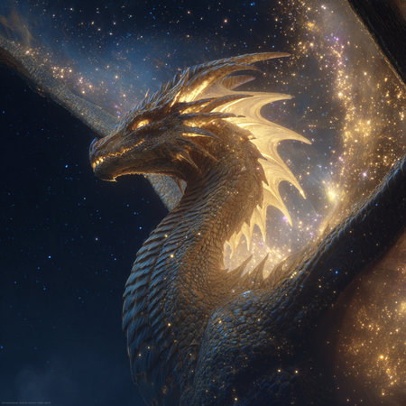 3D rendering of a fantasy dragon in space with stars and nebulaの素材