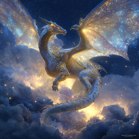 3D Illustration of a fantasy dragon flying in the night skyの素材