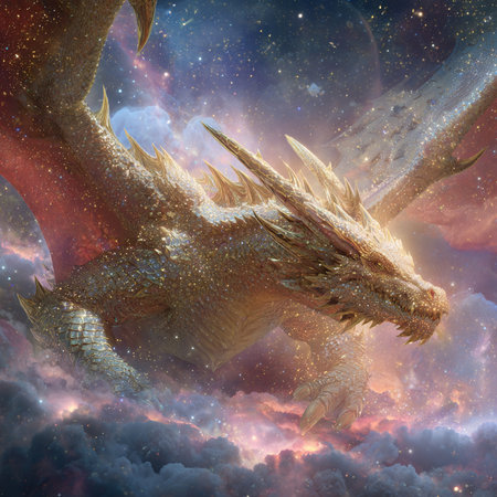 3D rendering of a fantasy dragon against a space background with starsの素材
