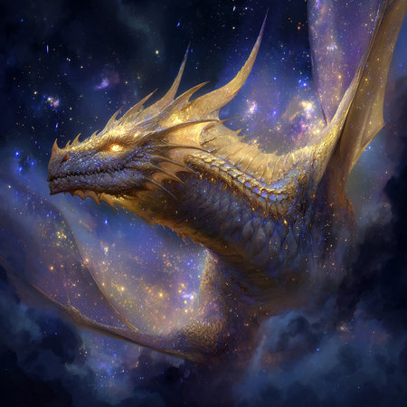 3D rendering of a fantasy dragon against a space background with starsの素材