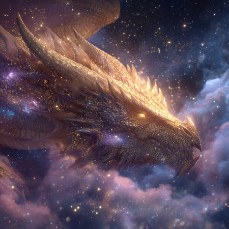 3D rendering of a fantasy dragon against a space background with starsの素材