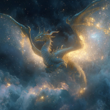 3D rendering of a fantasy dragon against a space background with starsの素材