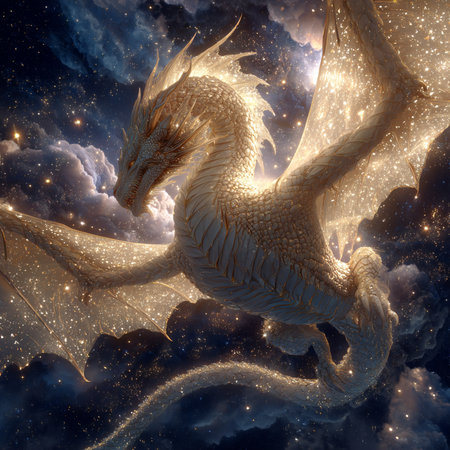 3D rendering of a fantasy dragon in a space with stars.の素材