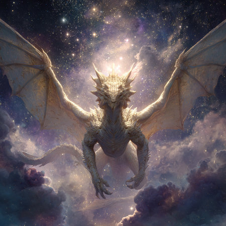 3D rendering of a fantasy dragon in a beautiful space background.の素材