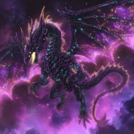 Fantasy dragon in space. Fantasy fractal background. Digital art. 3D rendering.の素材