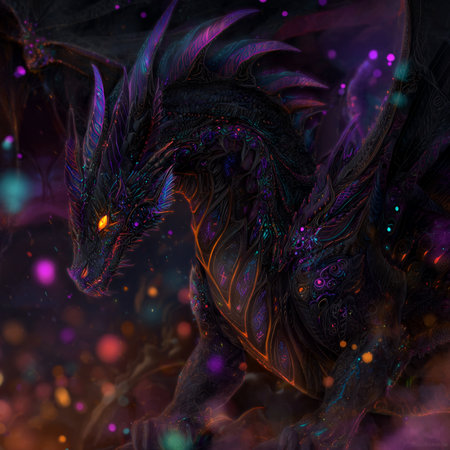 3D rendering of a fantasy dragon isolated on black background with colorful lightsの素材