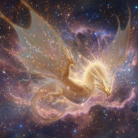 3D rendering of a golden dragon in a deep space background.の素材