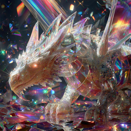 3D rendering of a fantasy dragon with multicolored lights in the backgroundの素材