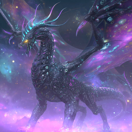 3D rendering of a fantasy dragon in a colorful space with starsの素材