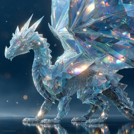 3D rendering of a fantasy dragon isolated on black background with reflectionの素材