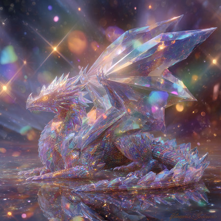 3d rendering of a fantasy dragon with multicolored lights in the backgroundの素材