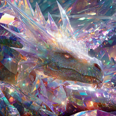 3D rendering of a fantasy dragon isolated on white background with colorful crystalsの素材