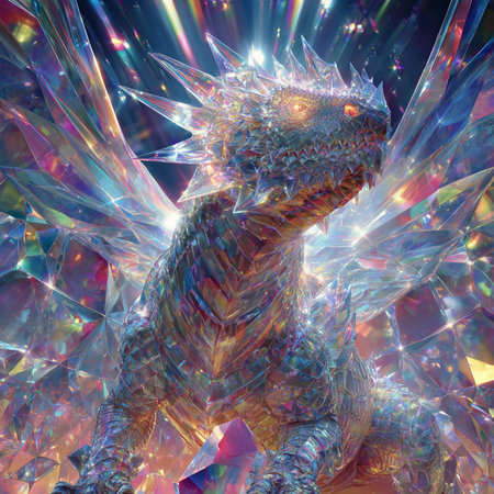 3D rendering of a fantasy dragon isolated on white background with colorful lightsの素材