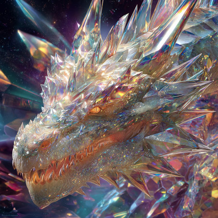 3D rendering of a fantasy dragon in space with a colorful backgroundの素材