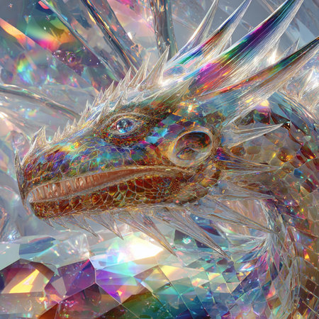 3D rendering of a fantasy dragon with multicolored crystals on a white backgroundの素材