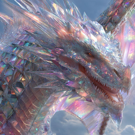 3D rendering of a fantasy dragon with a cloudy sky background.の素材
