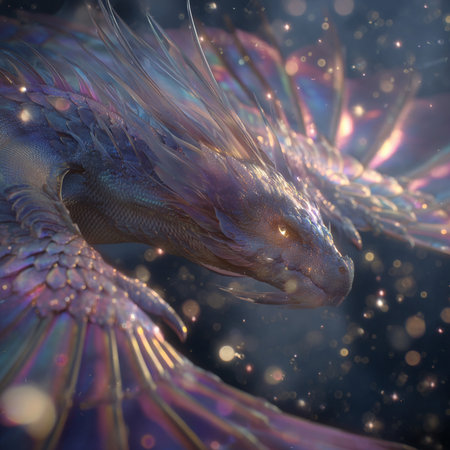3D rendering of a fantasy dragon isolated on black background with starsの素材
