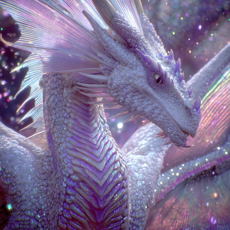 3D rendering of a fantasy dragon with multicolored lights on a black backgroundの素材