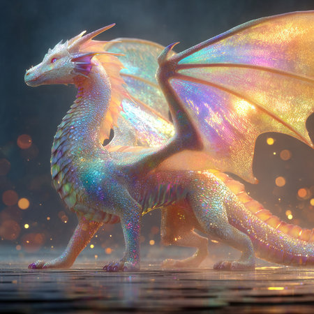 3d rendering of a fantasy dragon isolated on black background with golden lightsの素材
