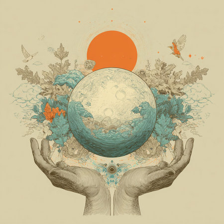 Hand drawn vector illustration of human hands holding the planet Earth with the sun in the background.の素材