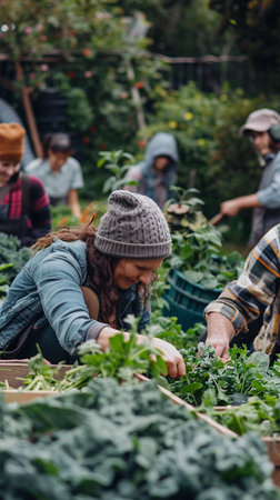 Group of people working in a vegetable garden on a sunny day.の素材