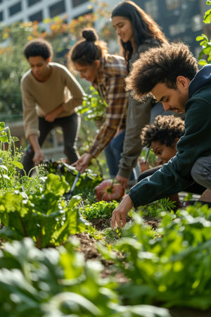 Group of multiethnic young people working in a vegetable garden togetherの素材