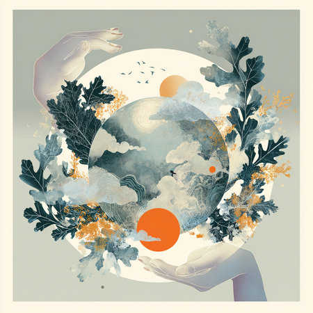 Contemporary art collage with hands holding planet earth and plants.の素材