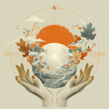 Hands with autumn leaves and sun, vector illustration. Vintage styles.の素材