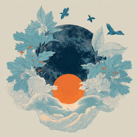 Vintage background with hand, moon and birds. Vector illustration.の素材