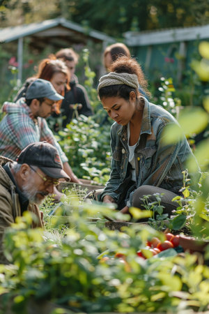 group of multiethnic farmers harvesting tomatoes in greenhouse on sunny dayの素材