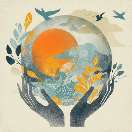 Hands holding a planet with trees and birds on the background.の素材