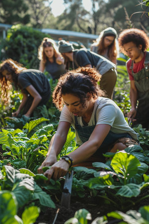 Portrait of female gardener working in garden with friends on backgroundの素材