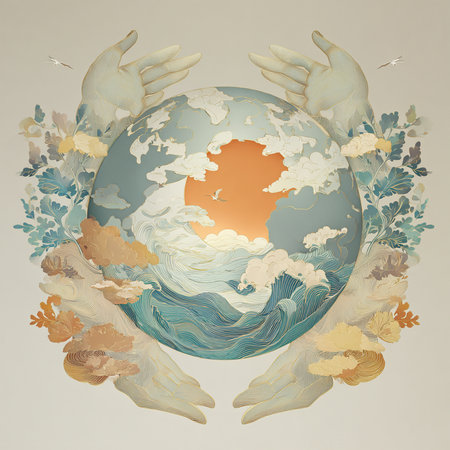 Illustration of the planet earth with hands and clouds. Vector illustration.の素材