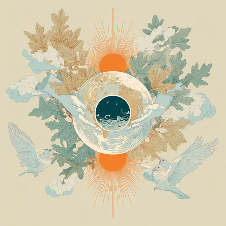 Vector illustration of the planet Earth with birds and clouds in retro styleの素材