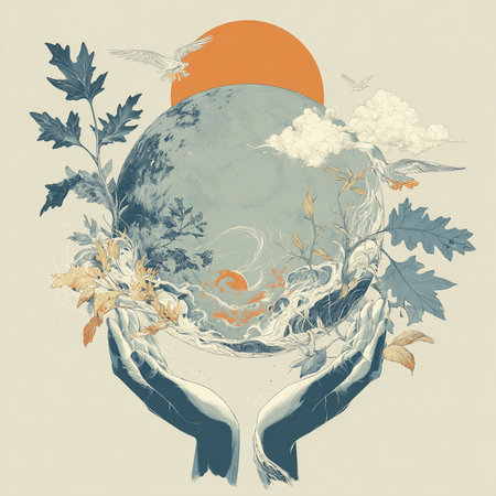 Hands holding a planet with flowers and birds. Vector illustration.の素材