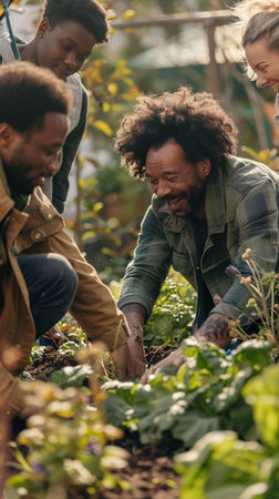 selective focus of smiling african american gardener planting cabbage in gardenの素材