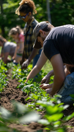 Group of people planting potatoes in the garden on a sunny summer dayの素材
