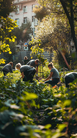 Group of people working in the garden on a sunny spring day.の素材