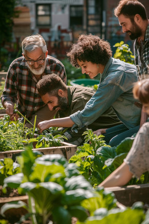 Group of diverse people working together in the garden. They are looking at plants and smiling.の素材
