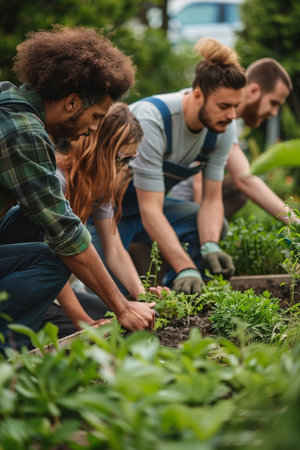 selective focus of multiethnic volunteers planting seedlings in gardenの素材