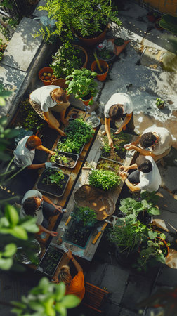 Top view of a group of diverse people working in a greenhouse.の素材