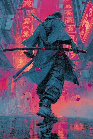 Samurai with sword in the ancient city. Digital painting illustration.の素材