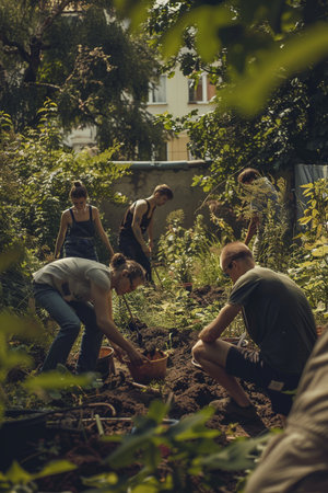Group of young people planting seedlings in the garden at summertimeの素材