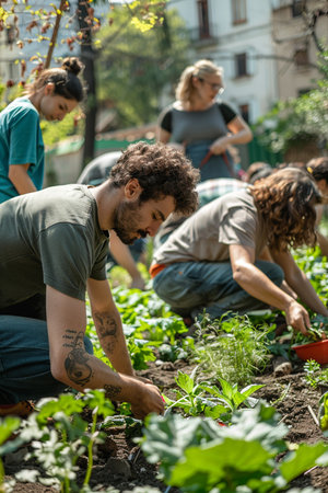 Group of people working in the garden, planting seedlings in the groundの素材