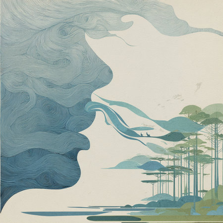 Beautiful seascape with pine trees and sea waves. Hand drawn illustration.の素材