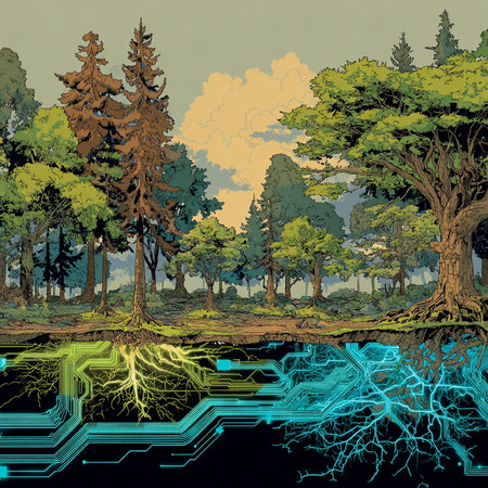 Futuristic landscape with trees, river and circuit board. Vector illustration.の素材