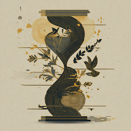 Vintage background with old hourglass and floral elements. Vector illustration.の素材