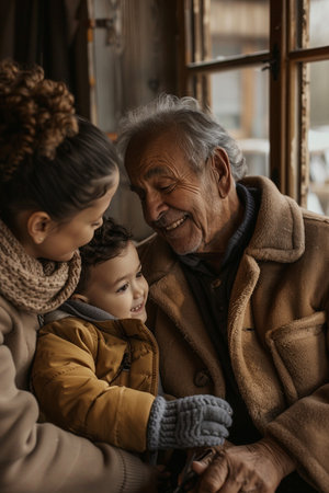 Grandfather and granddaughter looking at each other and smiling while spending time togetherの素材